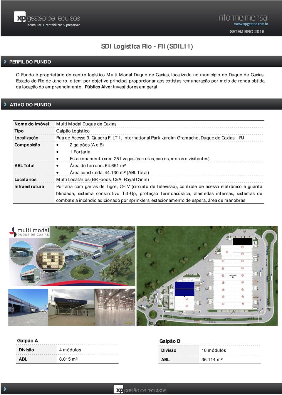 Público Alvo: Investidores em geral ATIVO DO FUNDO Nome do Imóvel Multi Modal Duque de Caxias Tipo Galpão Logístico Localização Rua de Acesso 3, Quadra F, LT 1, International Park, Jardim Gramacho,