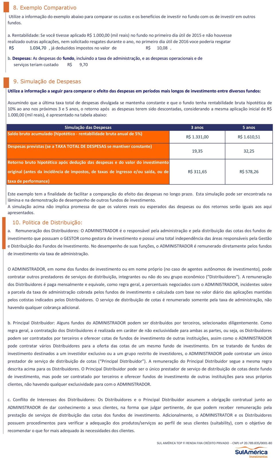 034,70, já deduzidos impostos no valor de R$ 10,08. b. Despesas: As despesas do fundo, incluindo a taxa de administração, e as despesas operacionais e de serviços teriam custado R$ 9,70 9.