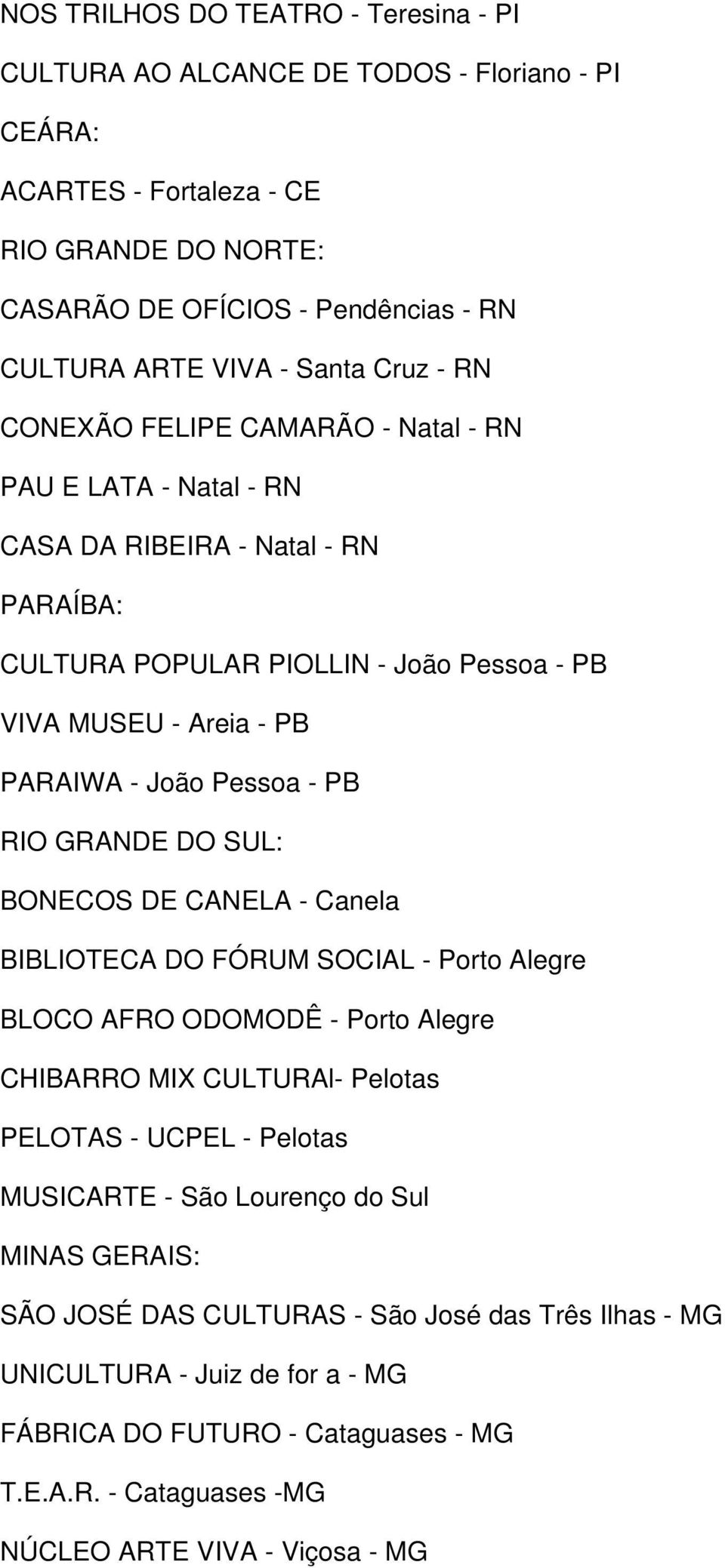 PB RIO GRANDE DO SUL: BONECOS DE CANELA - Canela BIBLIOTECA DO FÓRUM SOCIAL - Porto Alegre BLOCO AFRO ODOMODÊ - Porto Alegre CHIBARRO MIX CULTURAl- Pelotas PELOTAS - UCPEL - Pelotas MUSICARTE - São