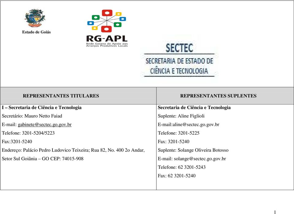 400 2o Andar, Setor Sul Goiânia GO CEP: 74015-908 Secretaria de Ciência e Tecnologia Suplente: Aline Figlioli E-mail:aline@sectec.go.gov.