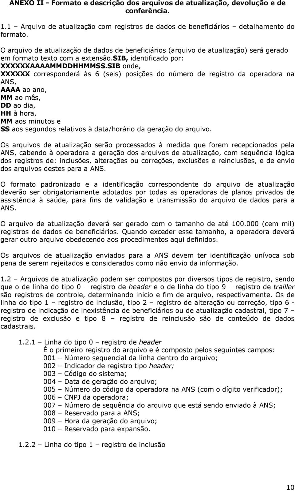 SIB onde, XXXXXX corresponderá às 6 (seis) posições do número de registro da operadora na ANS, AAAA ao ano, MM ao mês, DD ao dia, HH à hora, MM aos minutos e SS aos segundos relativos à data/horário