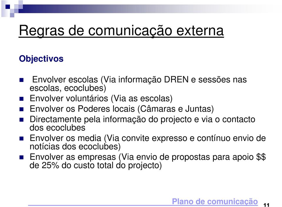 do projecto e via o contacto dos ecoclubes Envolver os media (Via convite expresso e contínuo envio de notícias