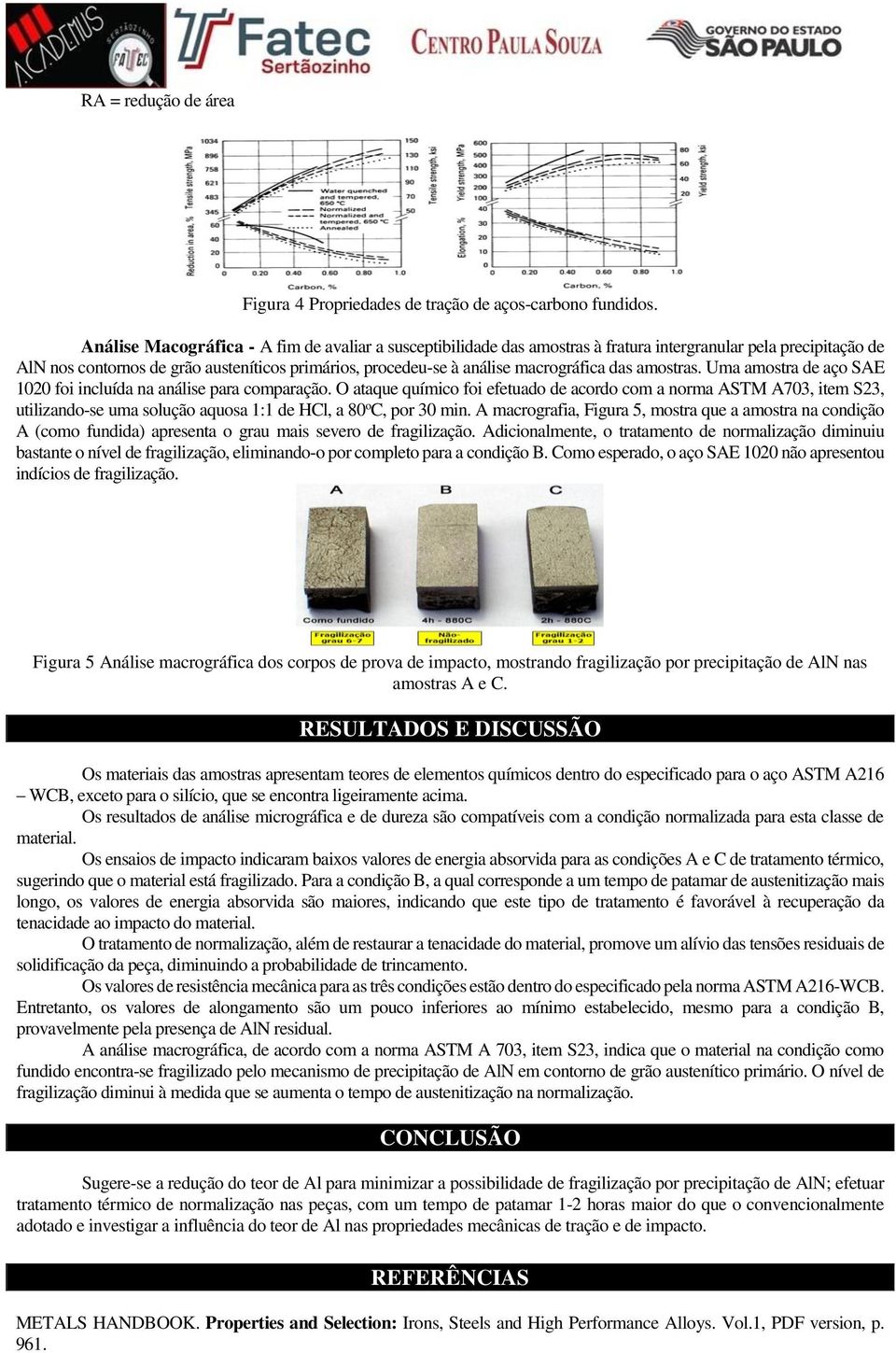 macrográfica das amostras. Uma amostra de aço SAE 1020 foi incluída na análise para comparação.