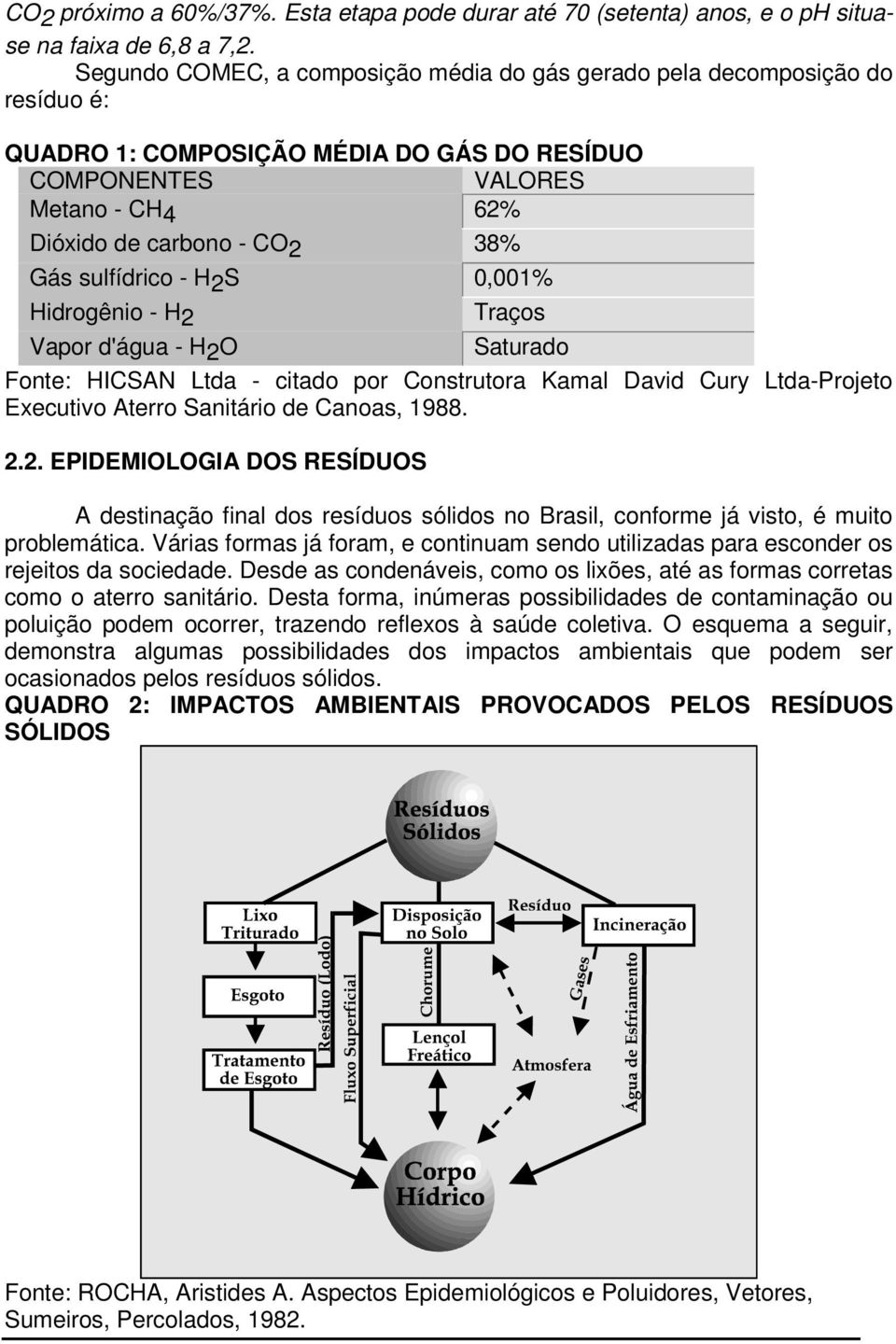 sulfídrico - H 2 S 0,001% Hidrogênio - H2 Vapor d'água - H2O Traços Saturado Fonte: HICSAN Ltda - citado por Construtora Kamal David Cury Ltda-Projeto Executivo Aterro Sanitário de Canoas, 1988. 2.2. EPIDEMIOLOGIA DOS RESÍDUOS A destinação final dos resíduos sólidos no Brasil, conforme já visto, é muito problemática.