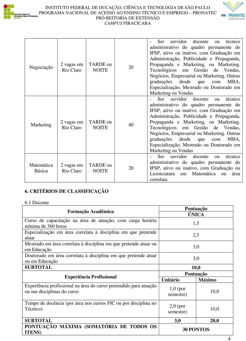 Outras graduações desde que com MBA, Especialização, Mestrado ou Doutorado em Marketing ou Vendas IFSP, ativo ou inativo, com Graduação em Administração, Publicidade e Propaganda, Propaganda e