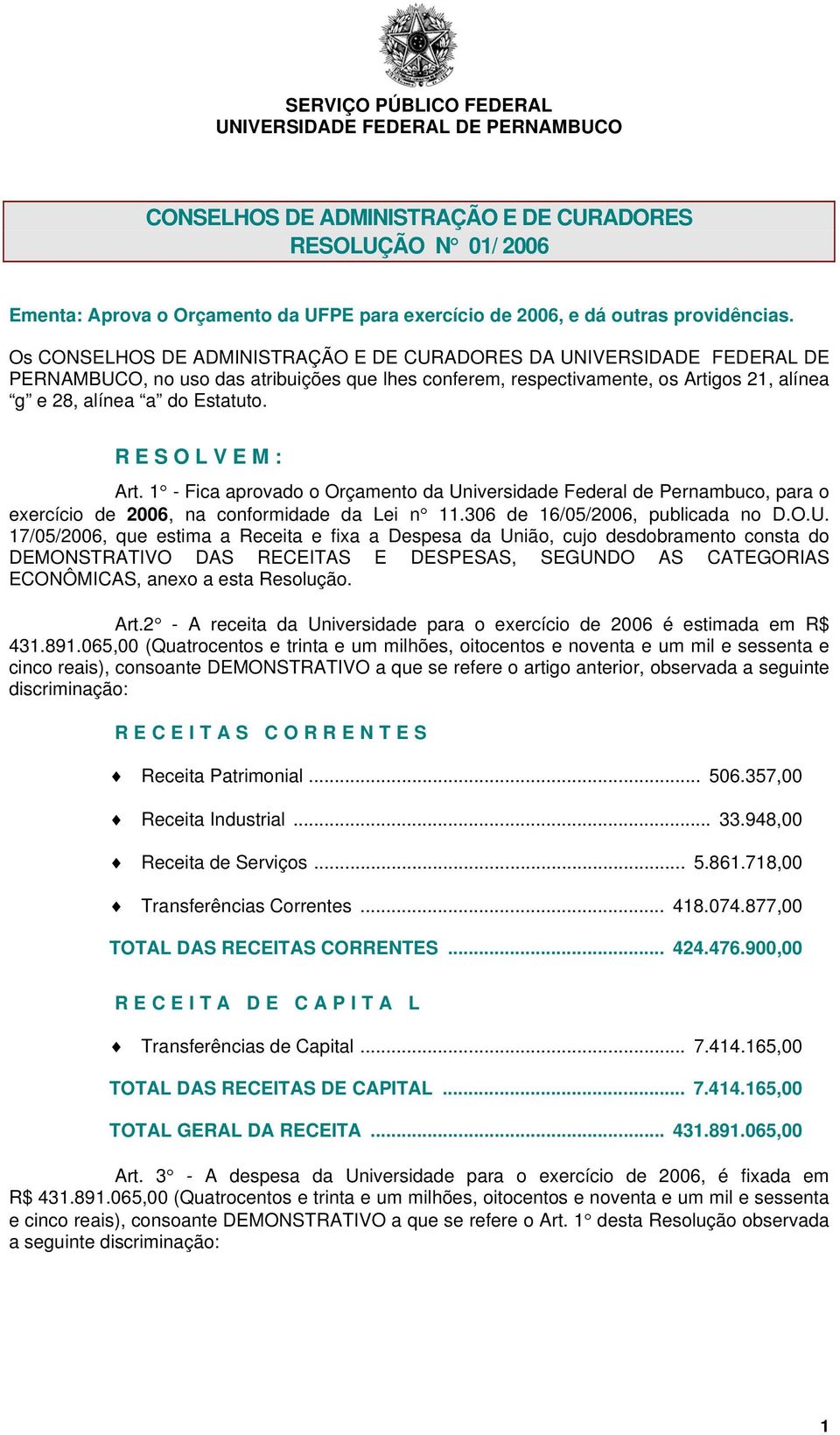 RESOLVEM: Art. 1 - Fica aprovado o Orçamento da Un