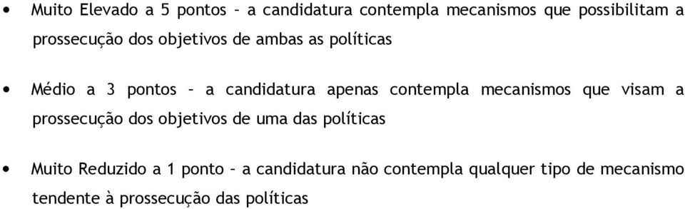 mecanismos que visam a prossecução dos objetivos de uma das políticas Muito Reduzido a 1