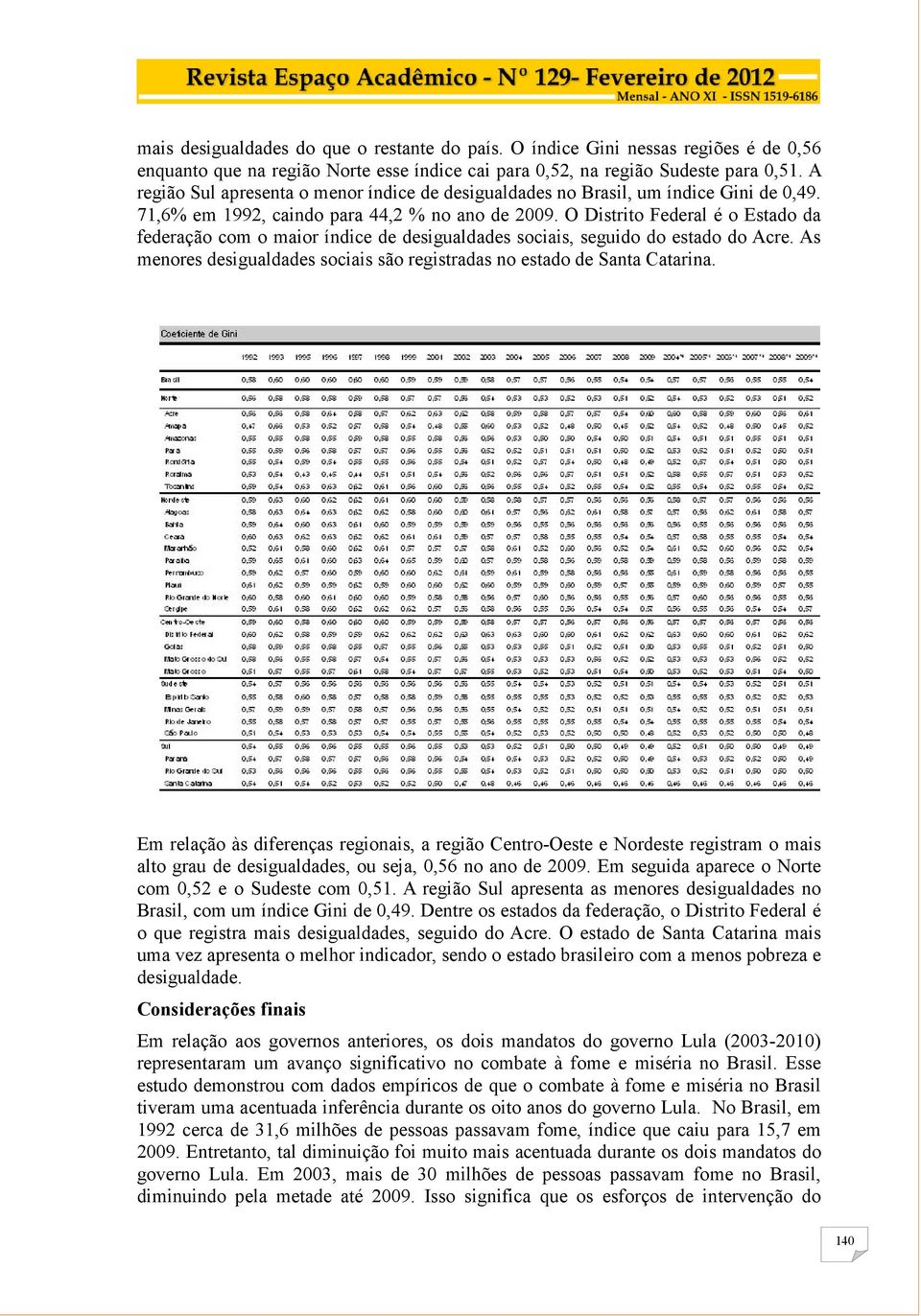 O Distrito Federal é o Estado da federação com o maior índice de desigualdades sociais, seguido do estado do Acre. As menores desigualdades sociais são registradas no estado de Santa Catarina.