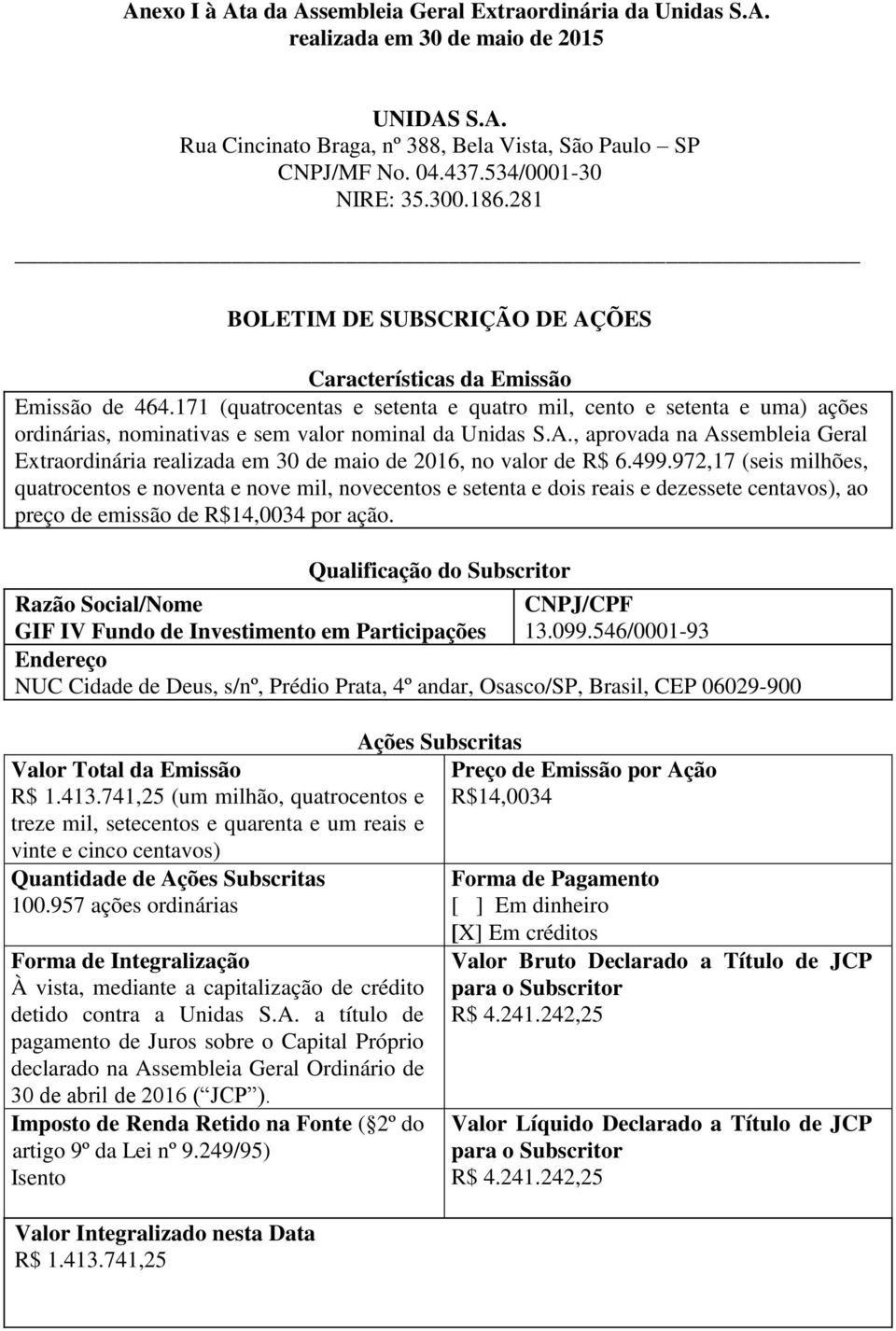 171 (quatrocentas e setenta e quatro mil, cento e setenta e uma) ações ordinárias, nominativas e sem valor nominal da Unidas S.A.