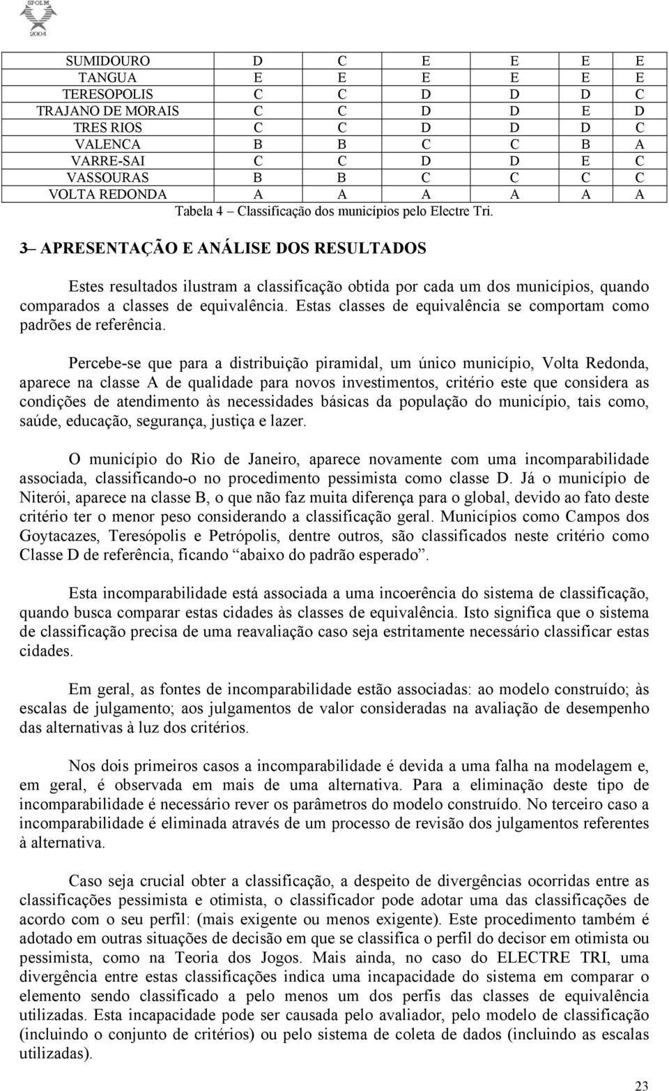 3 APRESENTAÇÃO E ANÁLISE DOS RESULTADOS Estes resultados ilustram a classificação obtida por cada um dos municípios, quando comparados a classes de equivalência.