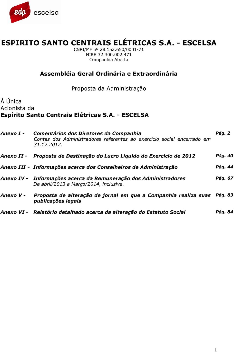 2 Contas dos Administradores referentes ao exercício social encerrado em 31.12.2012. Anexo II - Proposta de Destinação do Lucro Líquido do Exercício de 2012 Pág.