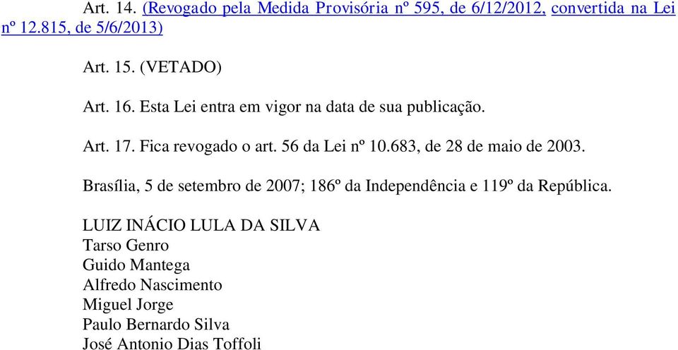 683, de 28 de maio de 2003. Brasília, 5 de setembro de 2007; 186º da Independência e 119º da República.