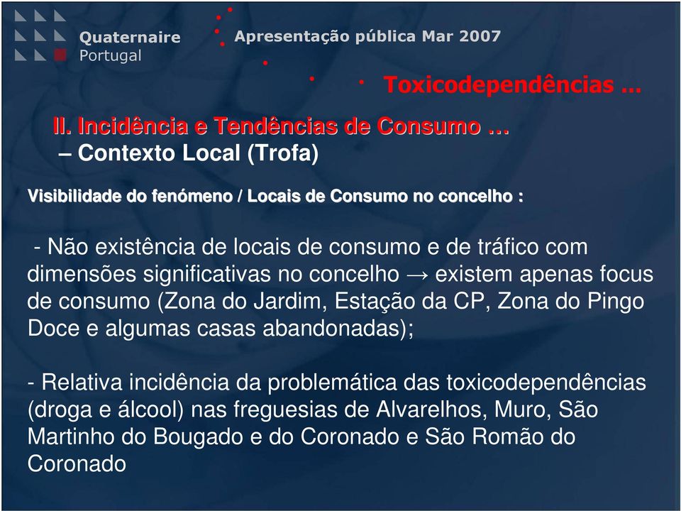 (Zona do Jardim, Estação da CP, Zona do Pingo Doce e algumas casas abandonadas); - Relativa incidência da problemática das