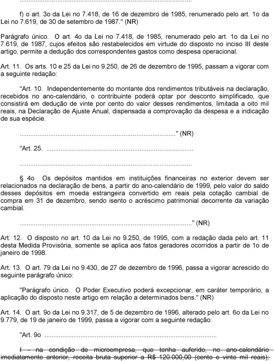 619, de 1987, cujos efeitos são restabelecidos em virtude do disposto no inciso III deste artigo, permite a dedução dos correspondentes gastos como despesa operacional. Art. 11. Os arts.