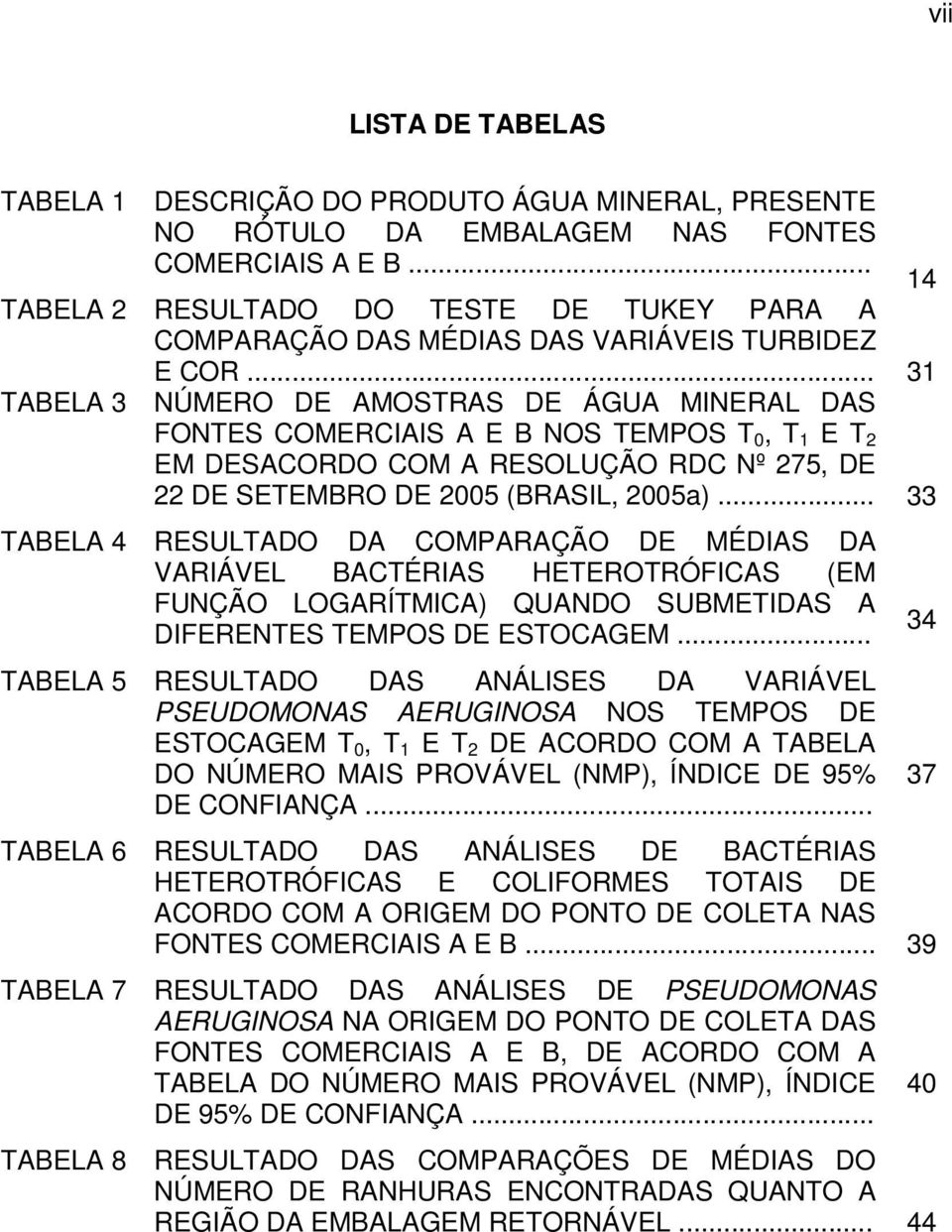 .. 31 TABELA 3 NÚMERO DE AMOSTRAS DE ÁGUA MINERAL DAS FONTES COMERCIAIS A E B NOS TEMPOS T 0, T 1 E T 2 EM DESACORDO COM A RESOLUÇÃO RDC Nº 275, DE 22 DE SETEMBRO DE 2005 (BRASIL, 2005a).