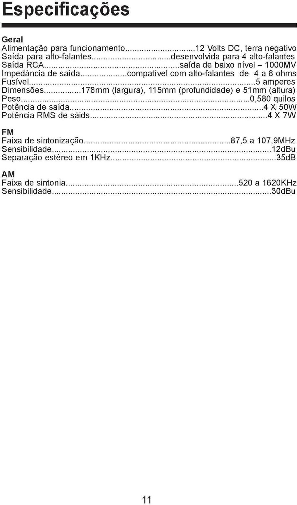 ..compatível com alto-falantes de 4 a 8 ohms Fusível...5 amperes Dimensões...178mm (largura), 115mm (profundidade) e 51mm (altura) Peso.