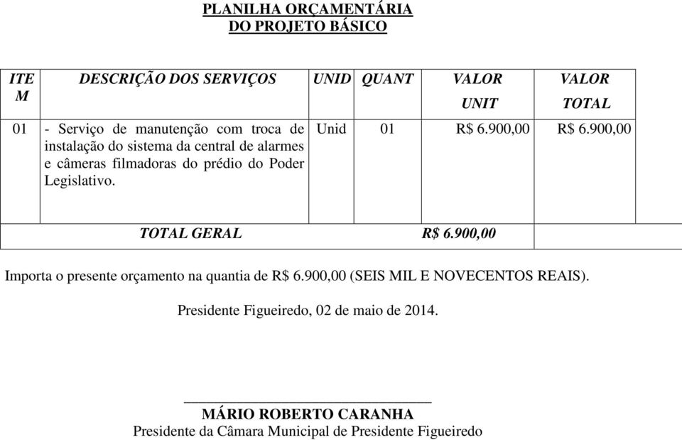 Legislativo. UNIT VALOR TOTAL Unid 01 R$ 6.900,00 R$ 6.900,00 TOTAL GERAL R$ 6.