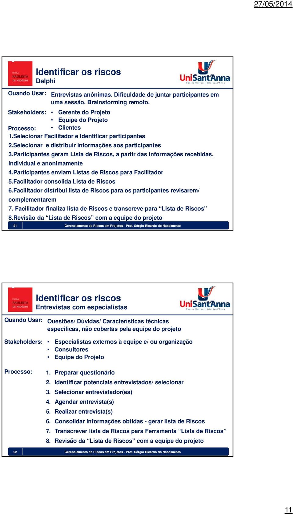 Participantes geram Lista de Riscos, a partir das informações recebidas, individual e anonimamente 4.Participantes enviam Listas de Riscos para Facilitador 5.Facilitador consolida Lista de Riscos 6.