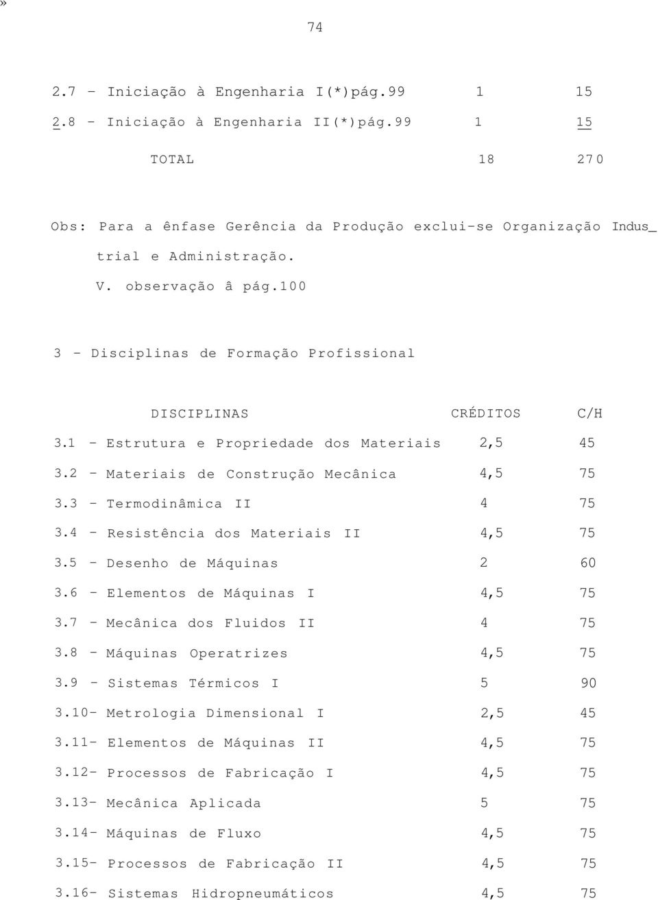 100 - Disciplinas de Formação Profissional S CRÉDITOS.1 - Estrutura e Propriedade dos Materiais,. - Materiais de Construção Mecânica,. - Termodinâmica II.