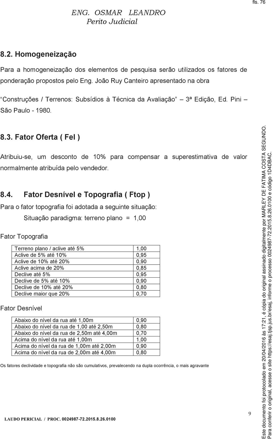 Edição, Ed. Pini São Paulo - 1980. 8.3. Fator Oferta ( Fel ) Atribuiu-se, um desconto de 10% para compensar a superestimativa de valor normalmente atribuída pelo vendedor. 8.4.