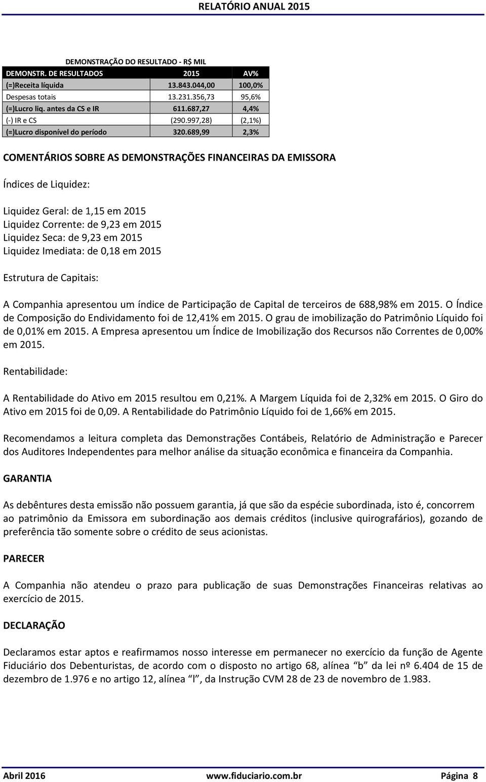 689,99 2,3% COMENTÁRIOS SOBRE AS DEMONSTRAÇÕES FINANCEIRAS DA EMISSORA Índices de Liquidez: Liquidez Geral: de 1,15 em 2015 Liquidez Corrente: de 9,23 em 2015 Liquidez Seca: de 9,23 em 2015 Liquidez