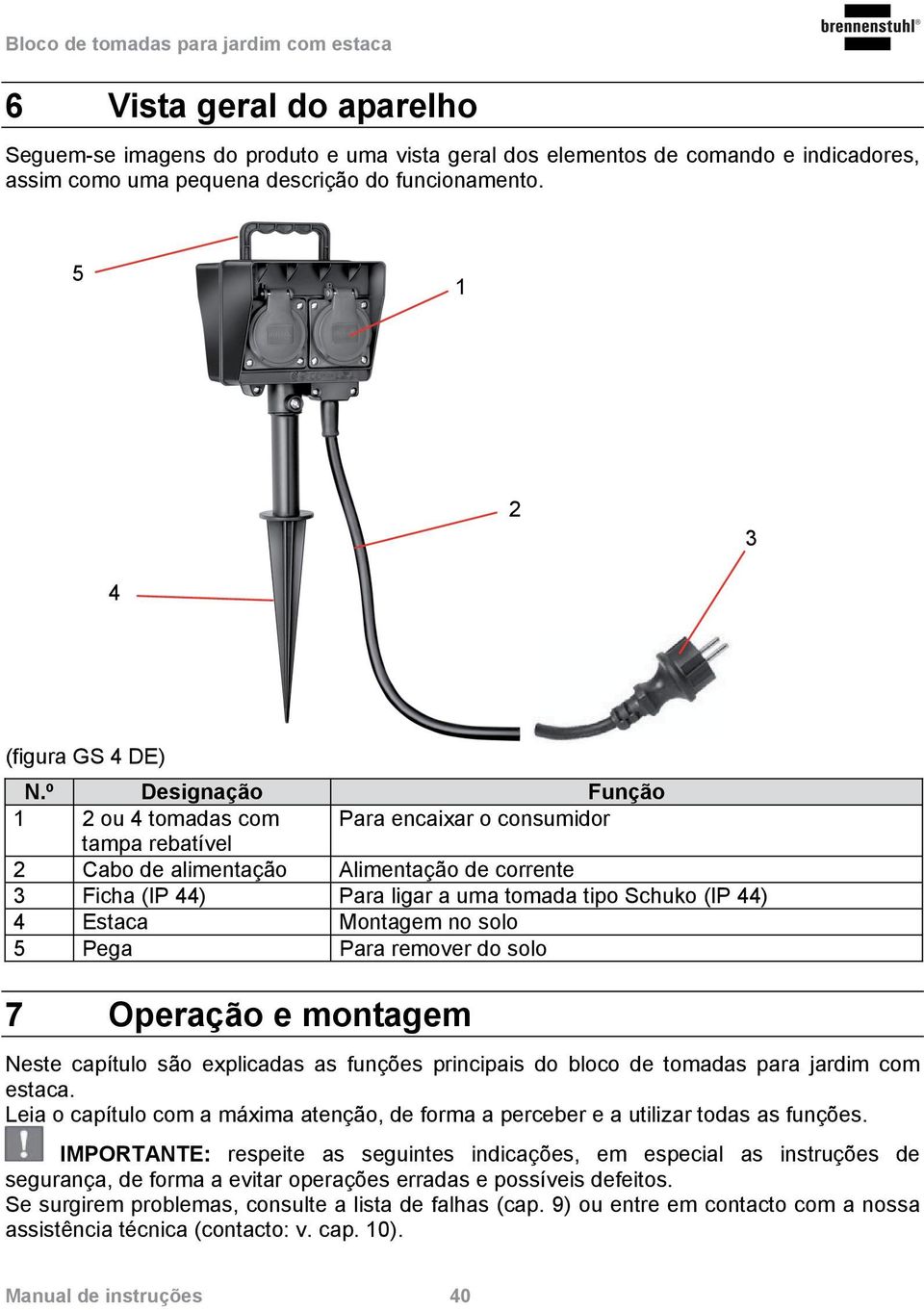 Montagem no solo 5 Pega Para remover do solo 7 Operação e montagem Neste capítulo são explicadas as funções principais do bloco de tomadas para jardim com estaca.