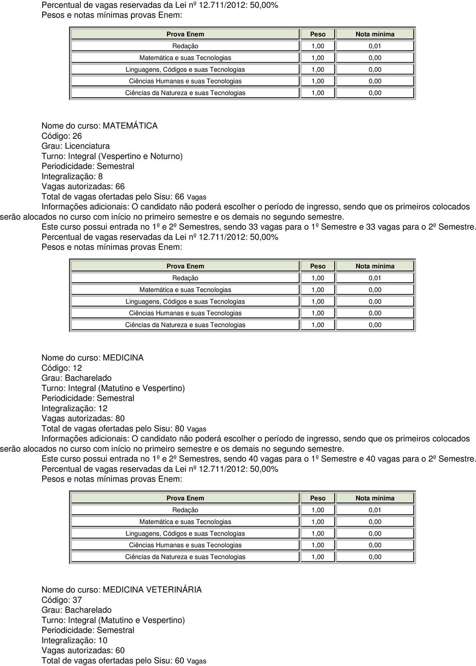 Nome do curso: MEDICINA Código: 12 Integralização: 12 Vagas autorizadas: 80 Total de vagas ofertadas pelo Sisu: 80 Vagas Este curso possui entrada no 1º e