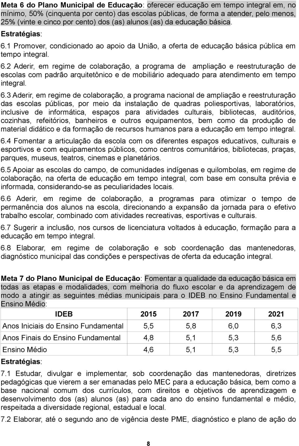 1 Promover, condicionado ao apoio da União, a oferta de educação básica pública em tempo integral. 6.