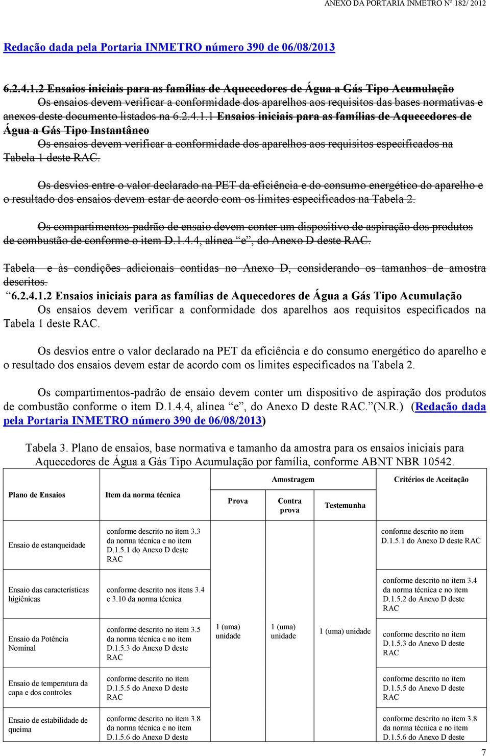 2 Ensaios iniciais para as famílias de Aquecedores de Água a Gás Tipo Acumulação Os ensaios devem verificar a conformidade dos aparelhos aos requisitos das bases normativas e anexos deste documento