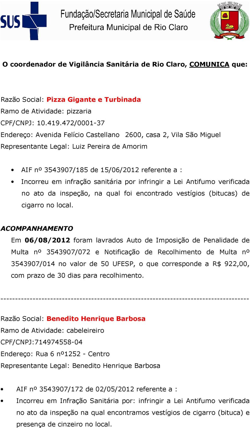 sanitária por infringir a Lei Antifumo verificada no ato da inspeção, na qual foi encontrado vestígios (bitucas) de cigarro no local.