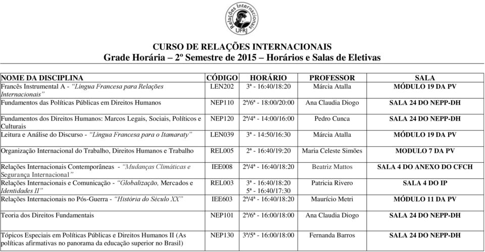 Legais, Sociais, Políticos e NEP120 2ª/4ª - 14:00/16:00 Pedro Cunca SALA 24 DO NEPP-DH Culturais Leitura e Análise do Discurso - Língua Francesa para o Itamaraty LEN039 3ª - 14:50/16:30 Márcia Atalla
