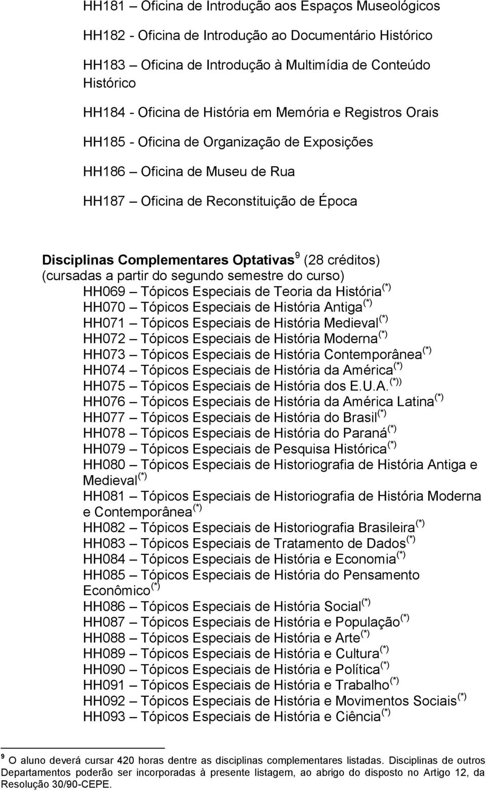 (cursadas a partir do segundo semestre do curso) HH069 Tópicos Especiais de Teoria da História (*) HH070 Tópicos Especiais de História Antiga (*) HH071 Tópicos Especiais de História Medieval (*)