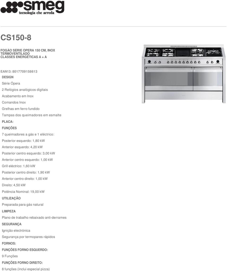 centro esquerdo: 1,00 kw Grill eléctrico: 1,60 kw Posterior centro direito: 1,90 kw Anterior centro direito: 1,00 kw Direito: 4,50 kw Potência Nominal: 19,00 kw UTILIZAÇÃO Preparada para gás natural