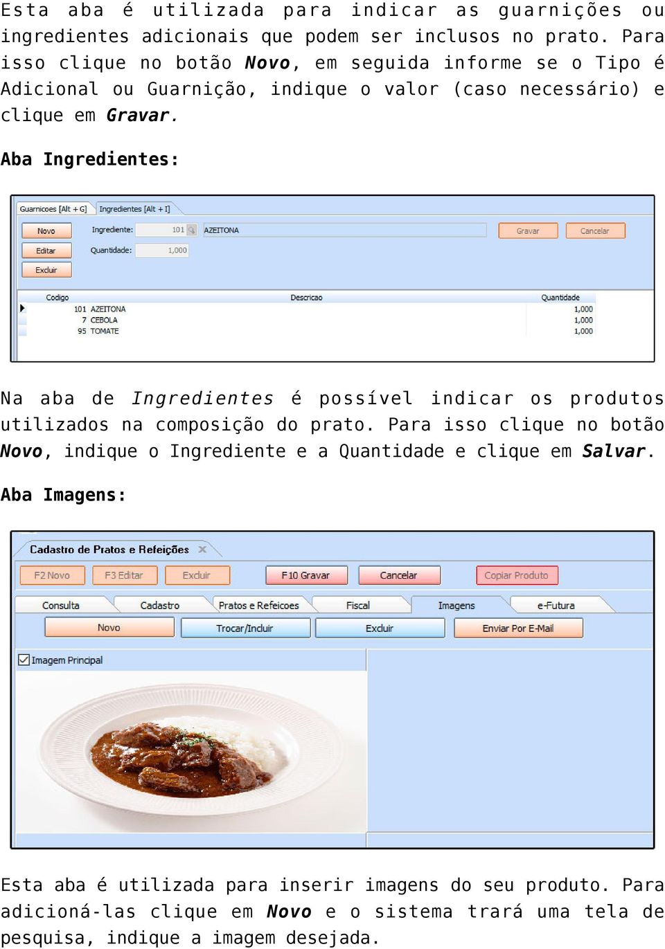 Aba Ingredientes: Na aba de Ingredientes é possível indicar os produtos utilizados na composição do prato.