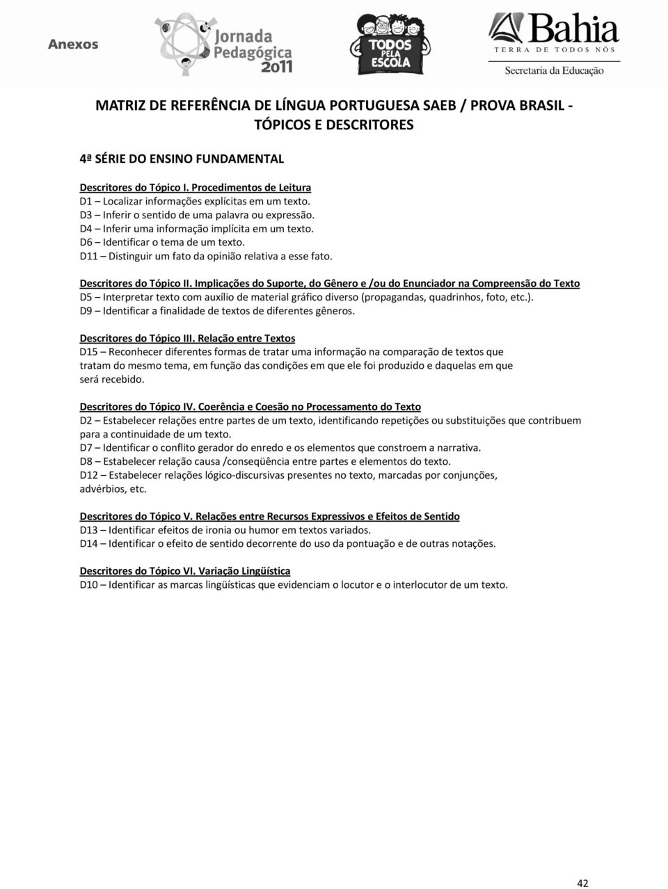 D6 Identificar o tema de um texto. D11 Distinguir um fato da opinião relativa a esse fato. Descritores do Tópico II.