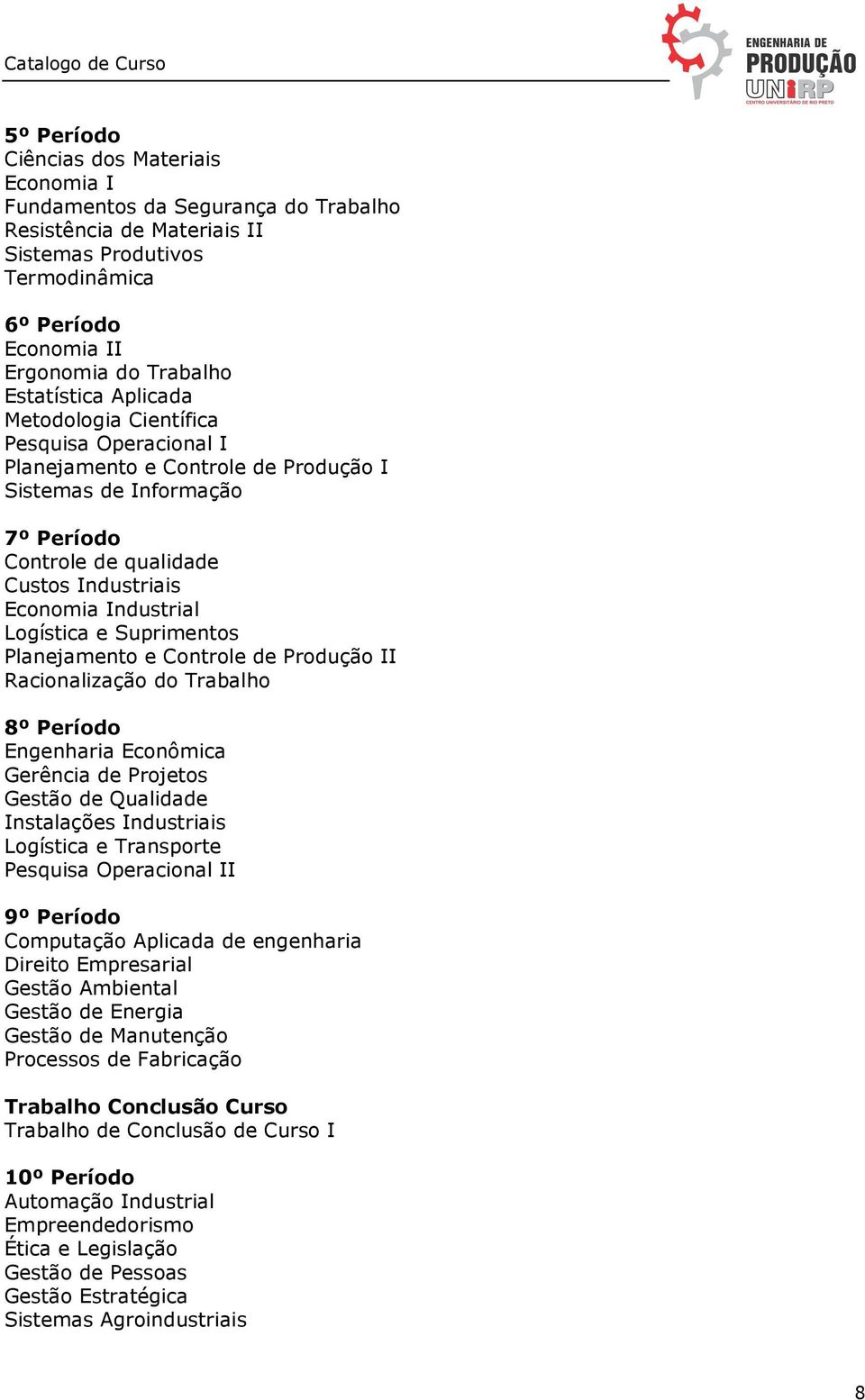 Logística e Suprimentos Planejamento e Controle de Produção II Racionalização do Trabalho 8º Período Engenharia Econômica Gerência de Projetos Gestão de Qualidade Instalações Industriais Logística e