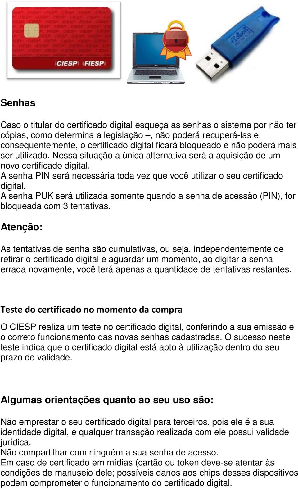 A senha PIN será necessária toda vez que você utilizar o seu certificado digital. A senha PUK será utilizada somente quando a senha de acessão (PIN), for bloqueada com 3 tentativas.