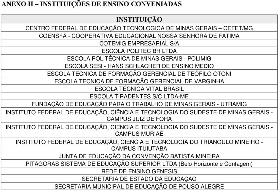 GERENCIAL DE VARGINHA ESCOLA TÉCNICA VITAL BRASIL ESCOLA TIRADENTES S/C LTDA-ME FUNDAÇÃO DE EDUCAÇÃO PARA O TRABALHO DE MINAS GERAIS - UTRAMIG INSTITUTO FEDERAL DE EDUCAÇÃO, CIÊNCIA E TECNOLOGIA DO