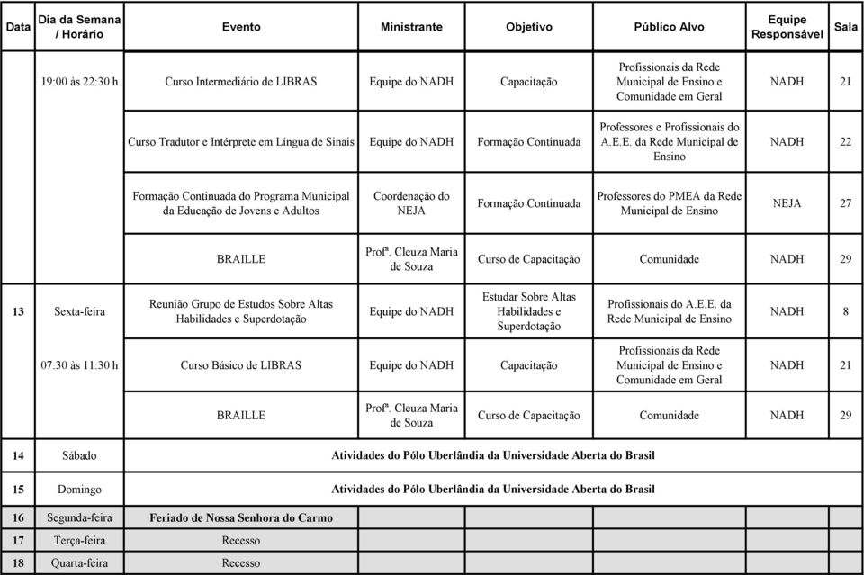 Cleuza Maria de Souza Curso de Capacitação Comunidade NADH 29 13 Sexta-feira Reunião Grupo de Estudos Sobre Altas Habilidades e Superdotação do NADH Estudar Sobre Altas Habilidades e Superdotação