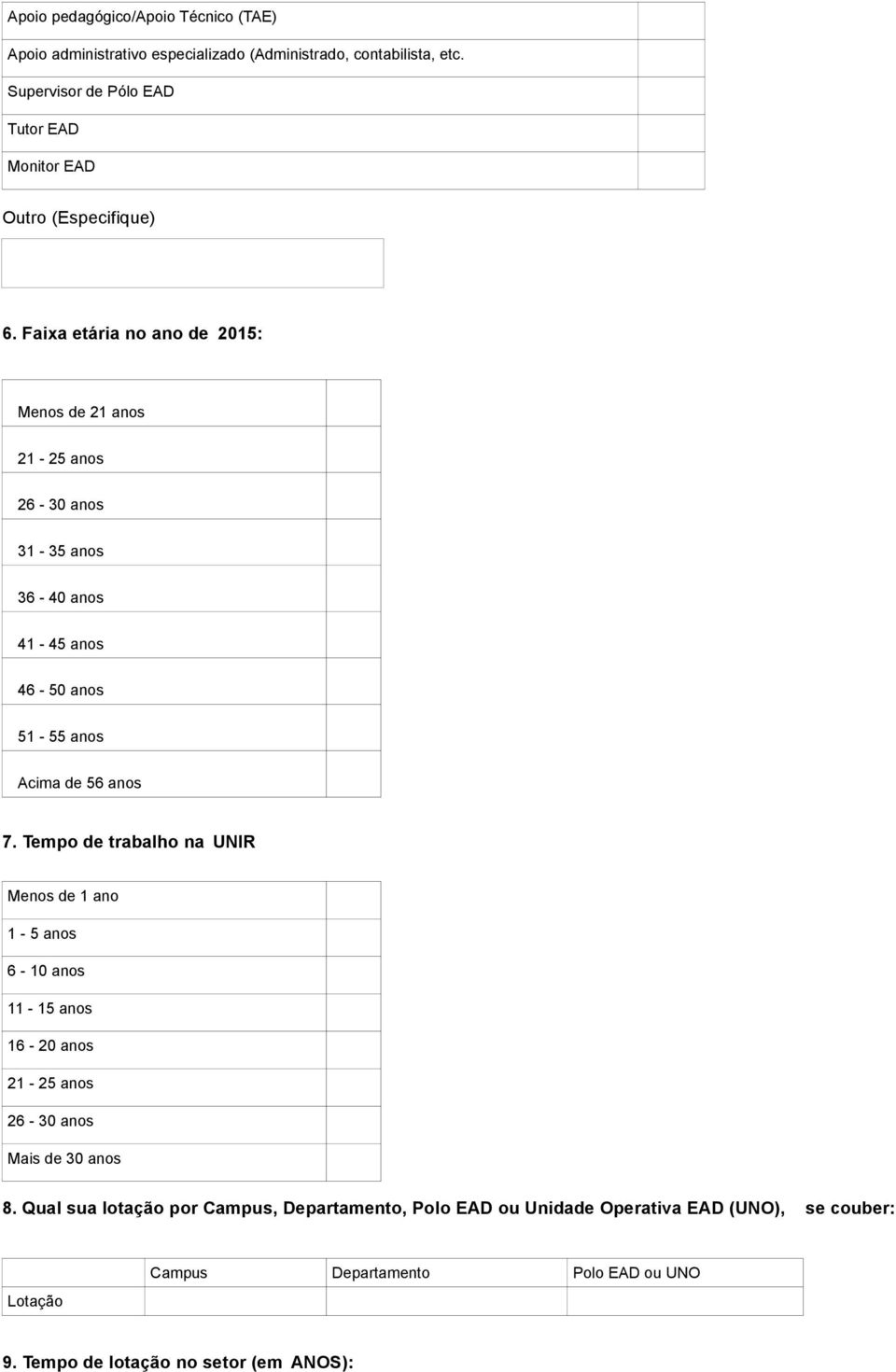 Faixa etária no ano de 2015: Menos de 21 anos 21-25 anos 26-30 anos 31-35 anos 36-40 anos 41-45 anos 46-50 anos 51-55 anos Acima de 56 anos 7.