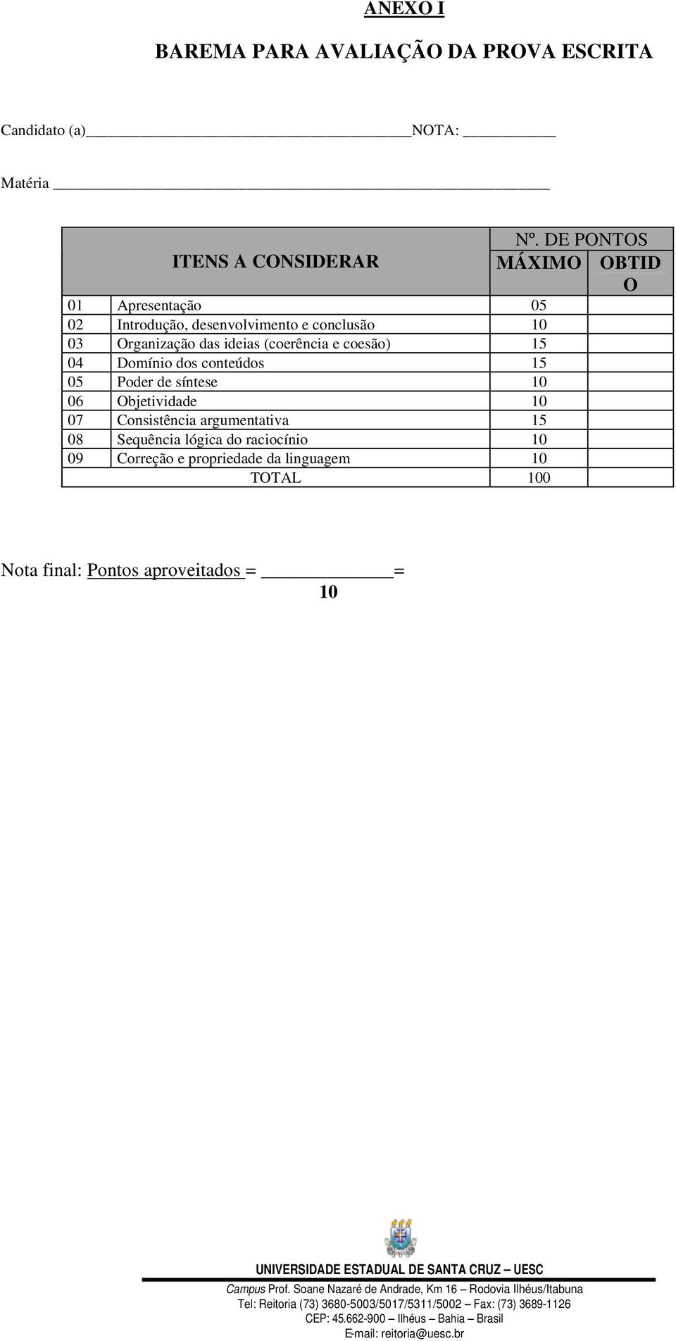 Organização das ideias (coerência e coesão) 5 04 Domínio dos conteúdos 5 05 Poder de síntese 0 06 Objetividade 0