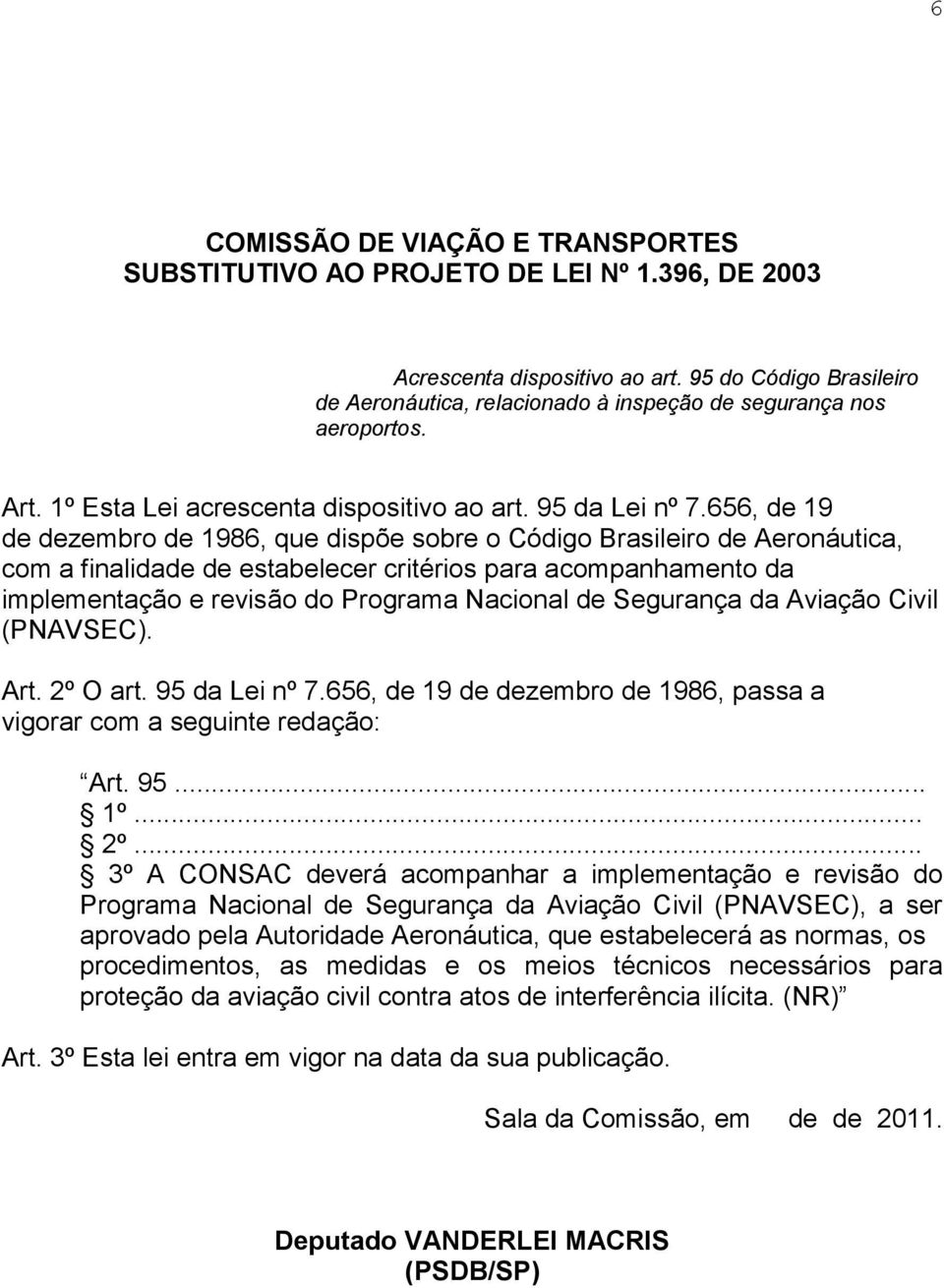 656, de 19 de dezembro de 1986, que dispõe sobre o Código Brasileiro de Aeronáutica, com a finalidade de estabelecer critérios para acompanhamento da implementação e revisão do Programa Nacional de