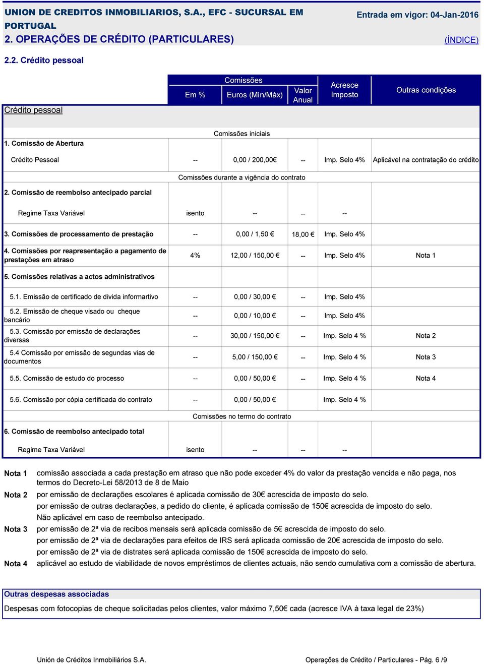 Comissão de reembolso antecipado parcial Regime Taxa Variável isento 3. Comissões de processamento de prestação 0,00 / 1,50 18,00 Imp. Selo 4% 4.