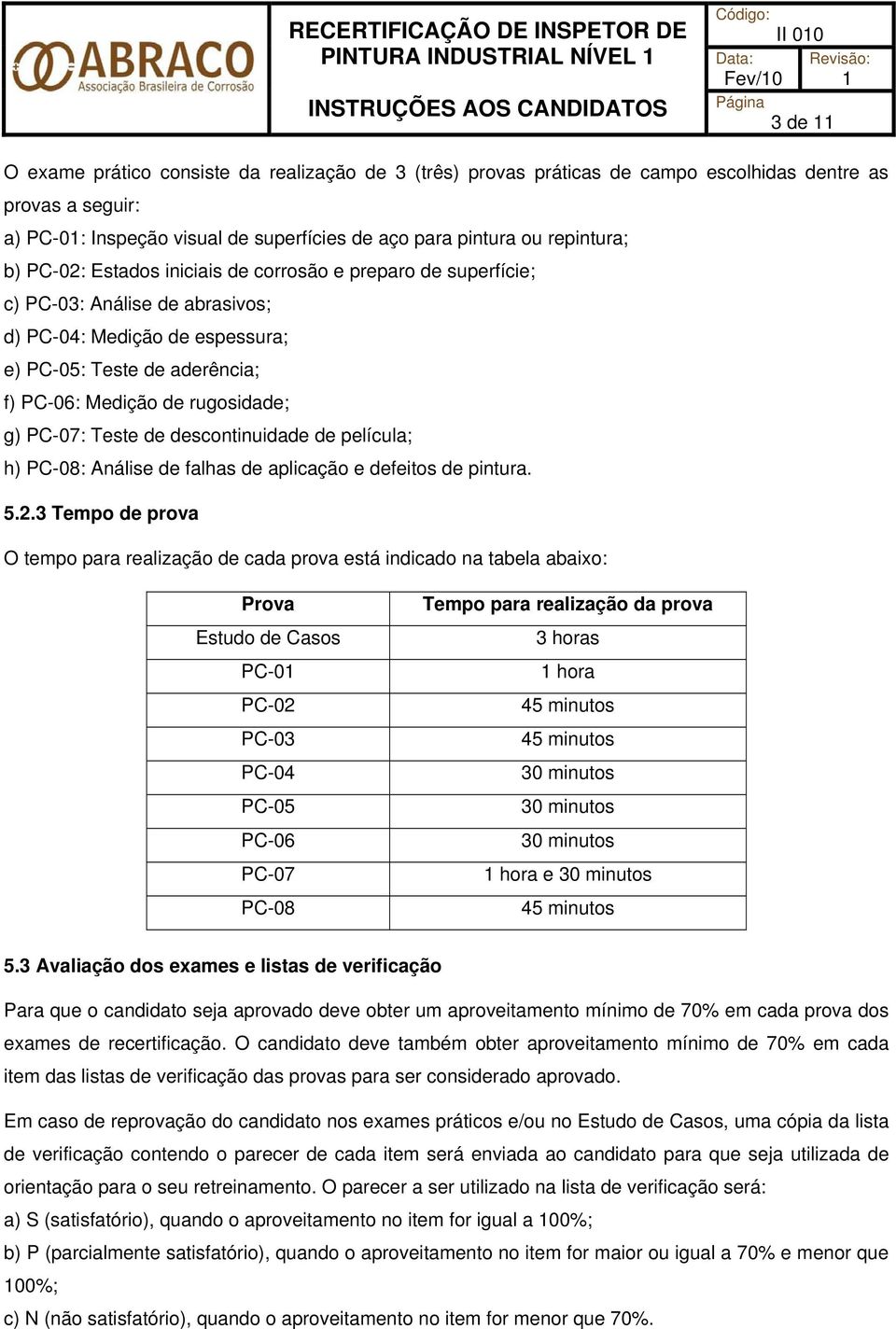 Teste de descontinuidade de película; h) PC-08: Análise de falhas de aplicação e defeitos de pintura. 5.2.