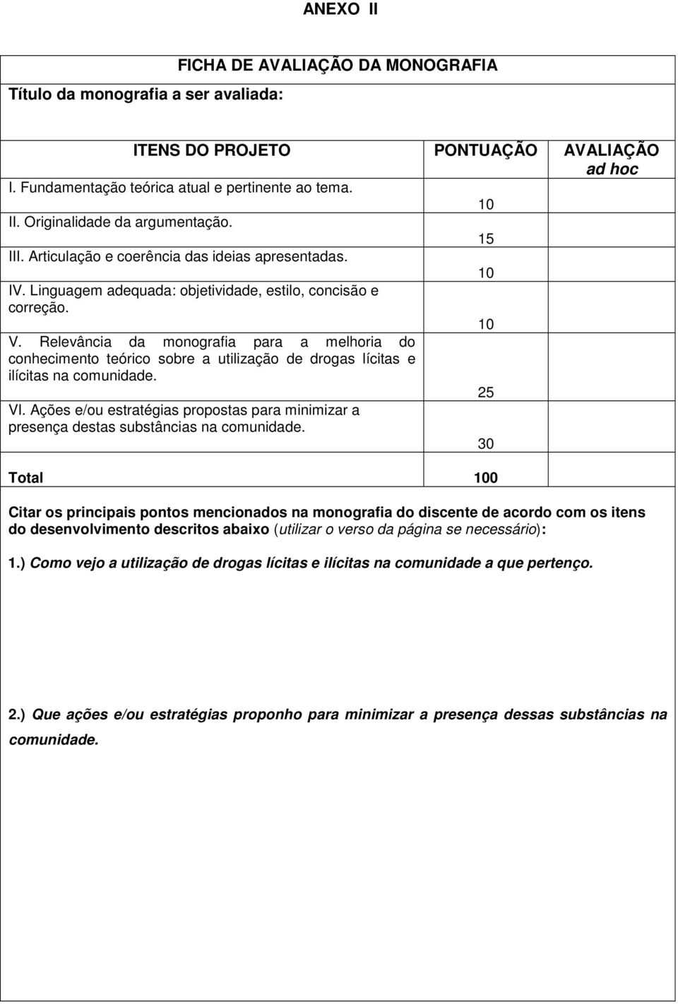 Relevância da monografia para a melhoria do conhecimento teórico sobre a utilização de drogas lícitas e ilícitas na comunidade. 25 VI.