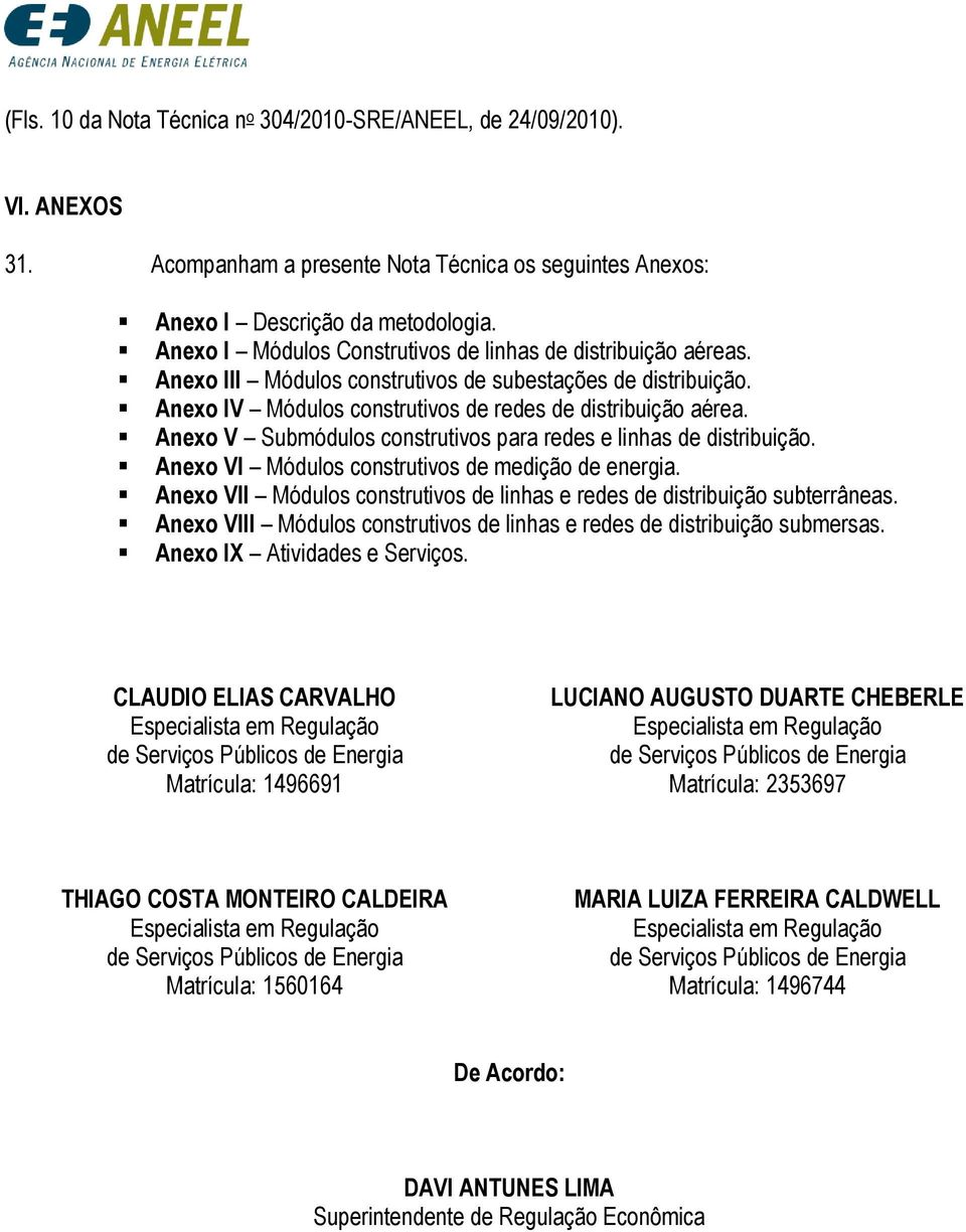 Anexo V Submódulos construtivos para redes e linhas de distribuição. Anexo VI Módulos construtivos de medição de energia. Anexo VII Módulos construtivos de linhas e redes de distribuição subterrâneas.