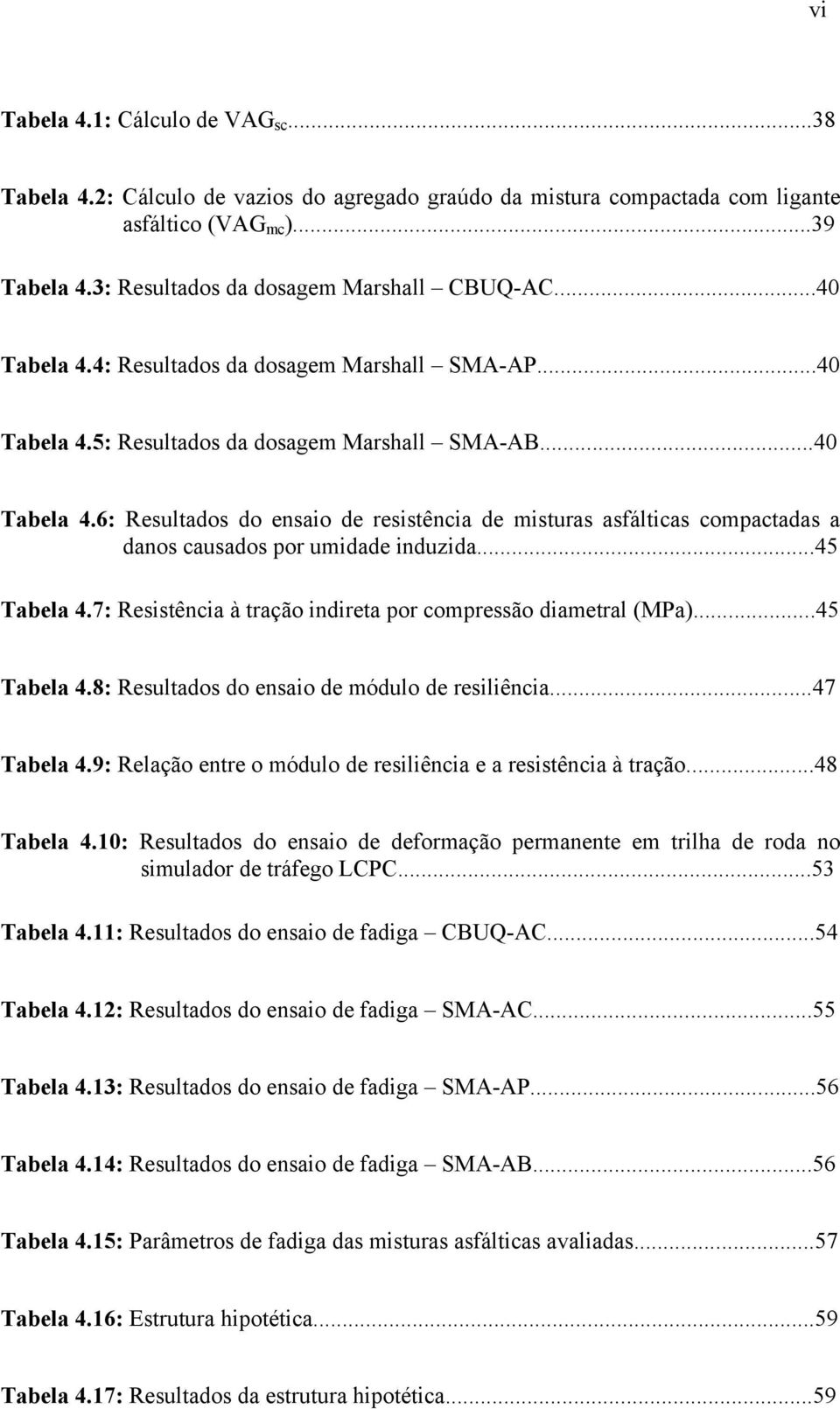..45 Tabela 4.7: Resistência à tração indireta por compressão diametral (MPa)...45 Tabela 4.8: Resultados do ensaio de módulo de resiliência...47 Tabela 4.