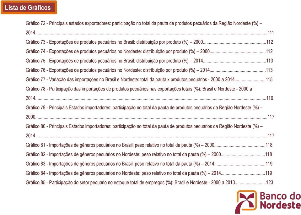 ..112 Gráfico 75 - Exportações de produtos pecuários no Brasil: distribuição por produto (%) 2014...113 Gráfico 76 - Exportações de produtos pecuários no Nordeste: distribuição por produto (%) 2014.