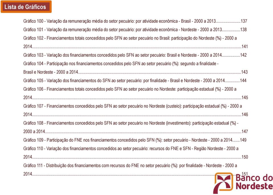 ..138 Gráfico 102 - Financiamentos totais concedidos pelo SFN ao setor pecuário no Brasil: participação do Nordeste (%) - 2000 a 2014.