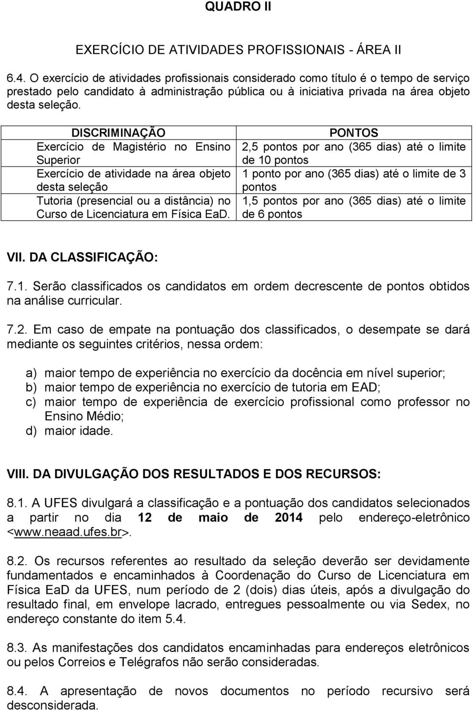 DISCRIMINAÇÃO Exercício de Magistério no Ensino Superior Exercício de atividade na área objeto desta seleção Tutoria (presencial ou a distância) no Curso de Licenciatura em Física EaD.